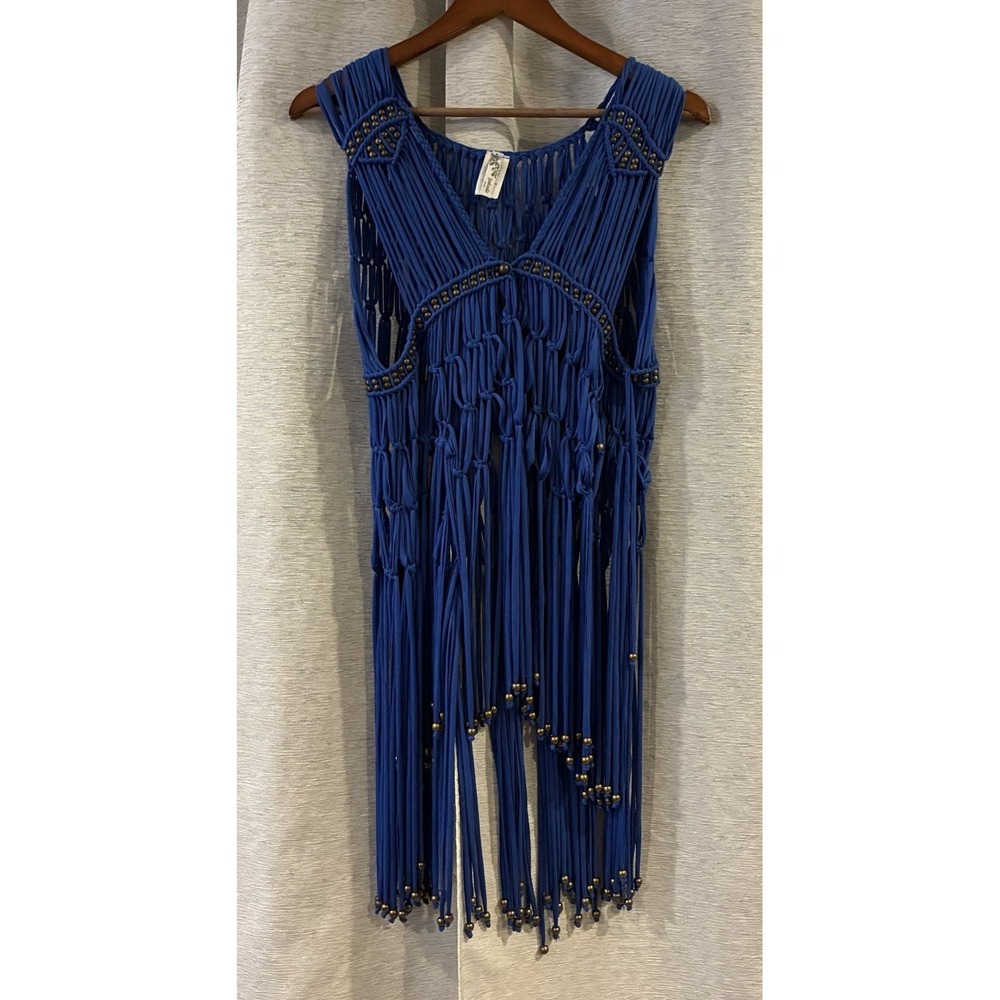 Yahada Blue Fringe Cardigan Western Cowgirl Festival Macrame Beaded Small
